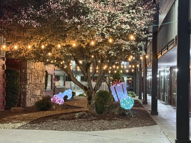a tree with lights and a gift box
